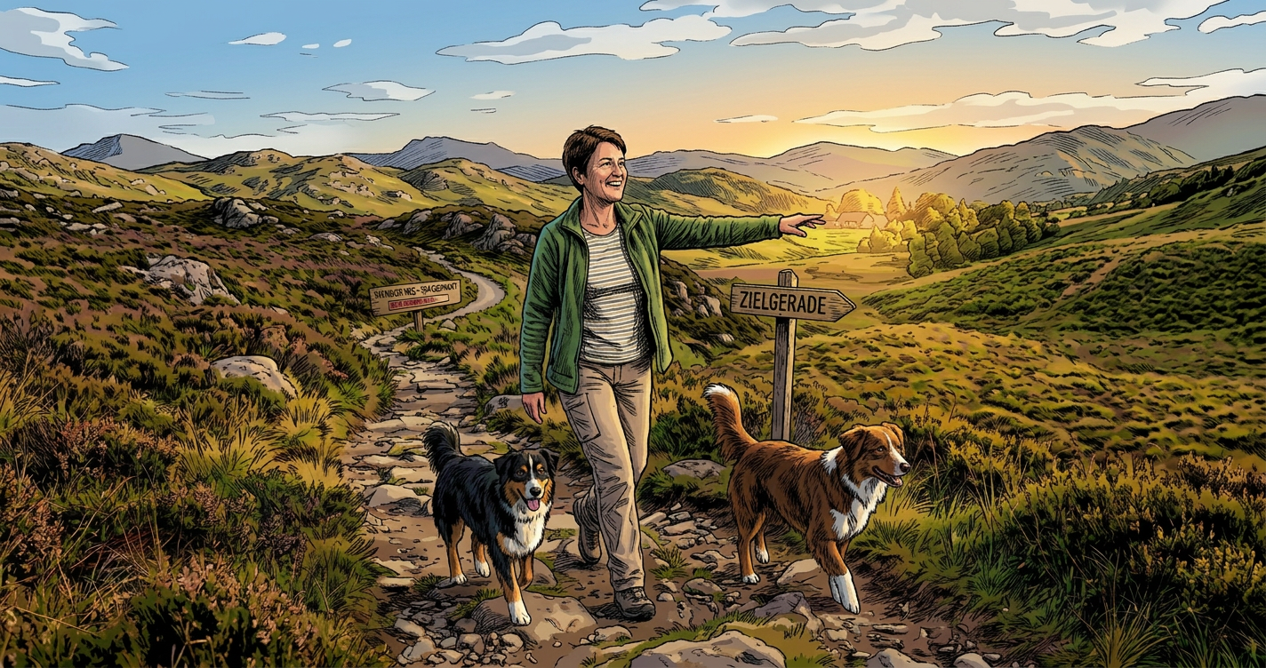 Hiker with two dogs beside signs reading “STEINWEG WEG – 75% GESCHAFFT” and “ZIELGERADE”